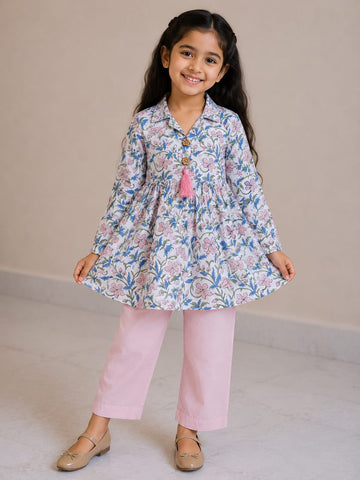 Girl Child Floral Printed Cotton Kurti with Pink Trouser Co-ord Set
