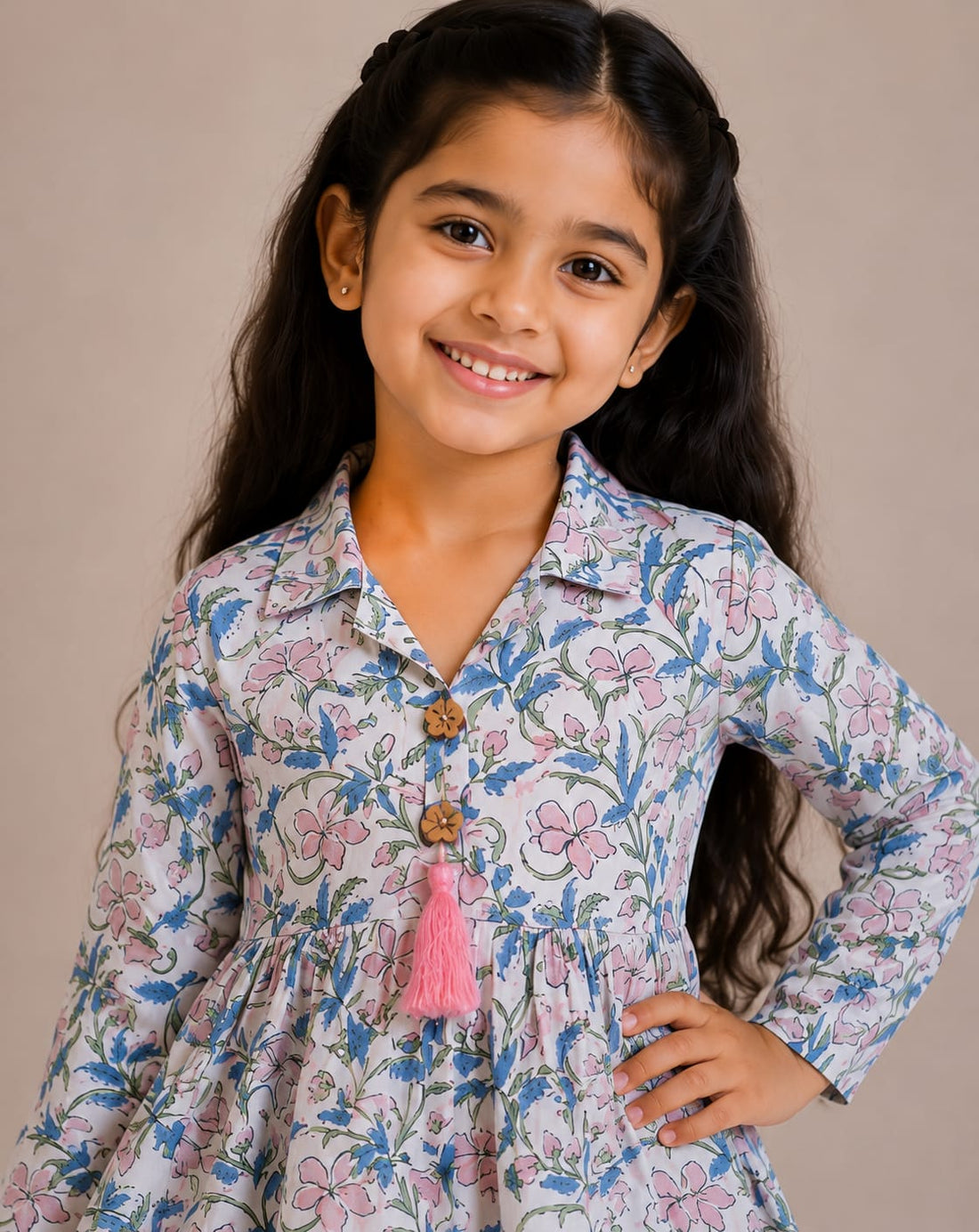 Girl Child Floral Printed Cotton Kurti with Pink Trouser Co-ord Set
