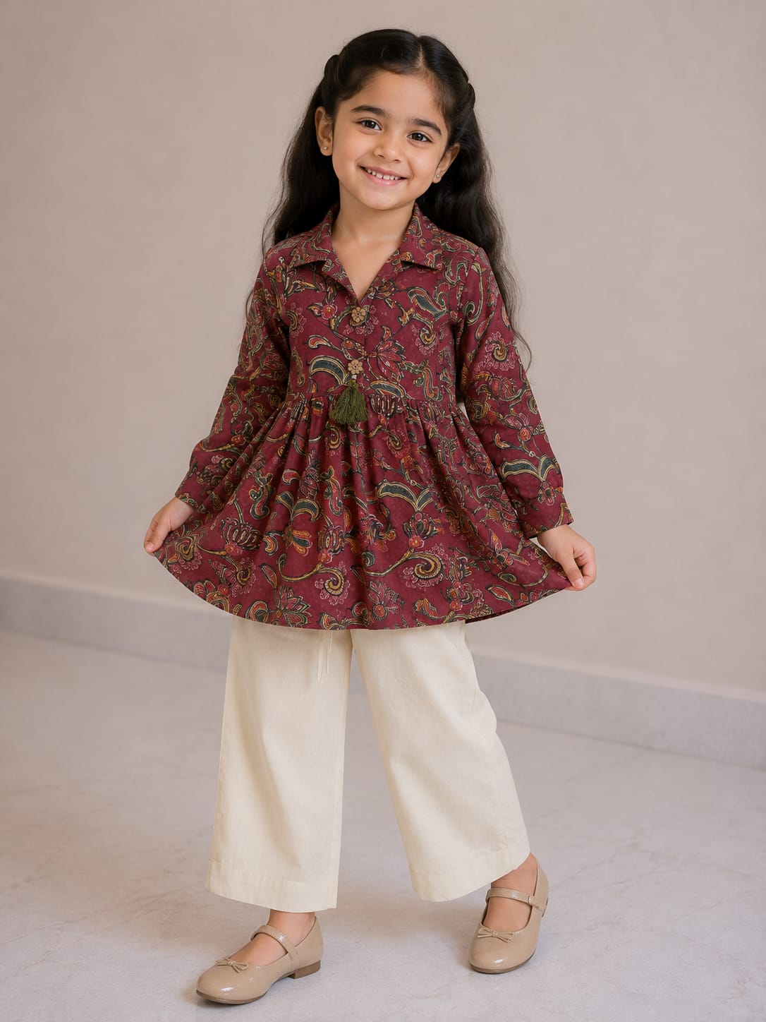 Girl Child Maroon Paisley Printed Cotton Kurti with Off-White Trouser Co-ord Set