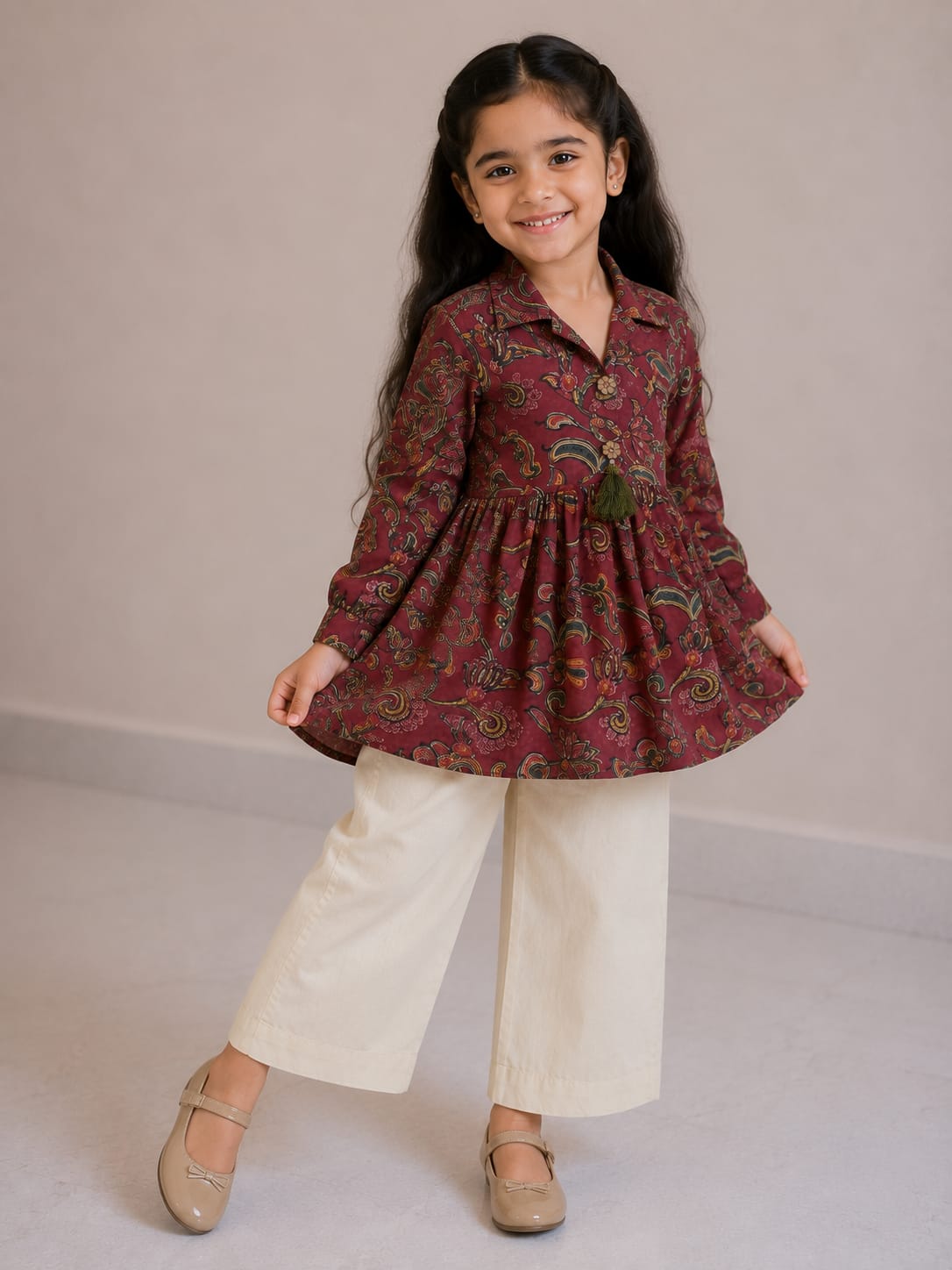 Girl Child Maroon Paisley Printed Cotton Kurti with Off-White Trouser Co-ord Set