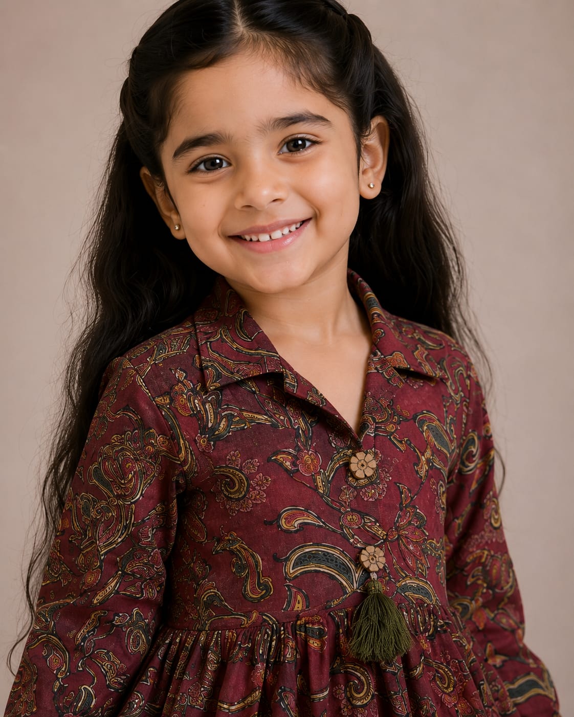 Girl Child Maroon Paisley Printed Cotton Kurti with Off-White Trouser Co-ord Set
