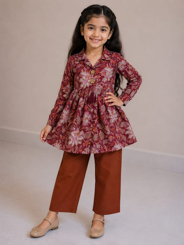 Girls' Maroon Floral Printed Cotton Kurti with Rust Brown Trouser Co-ord Set