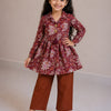 Girls' Maroon Floral Printed Cotton Kurti with Rust Brown Trouser Co-ord Set
