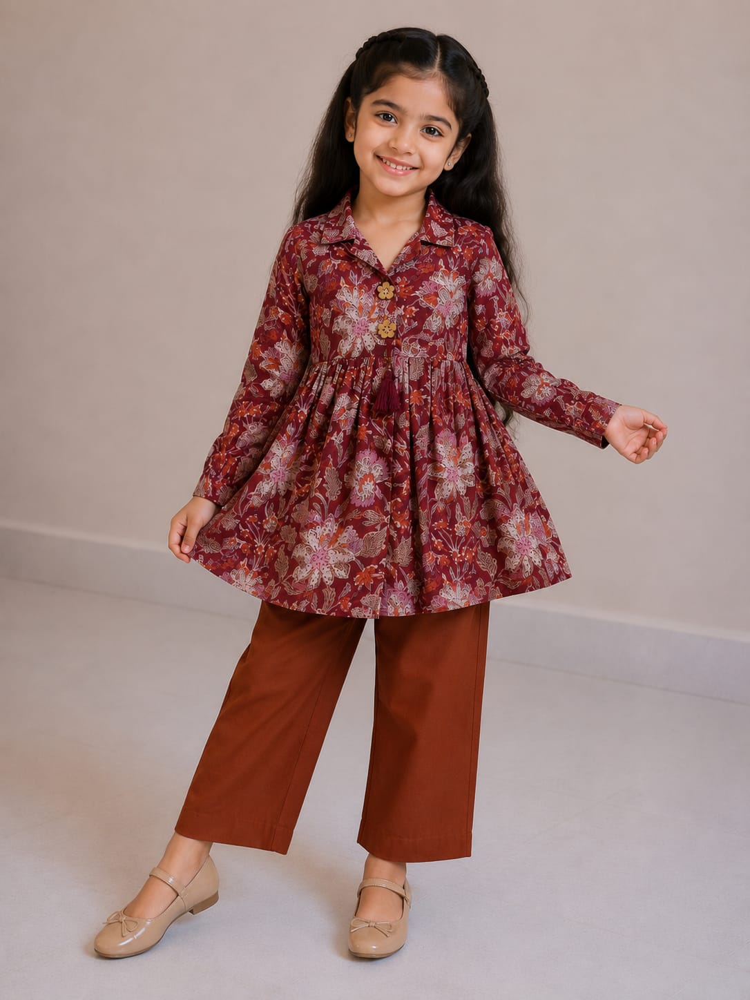 Girls' Maroon Floral Printed Cotton Kurti with Rust Brown Trouser Co-ord Set