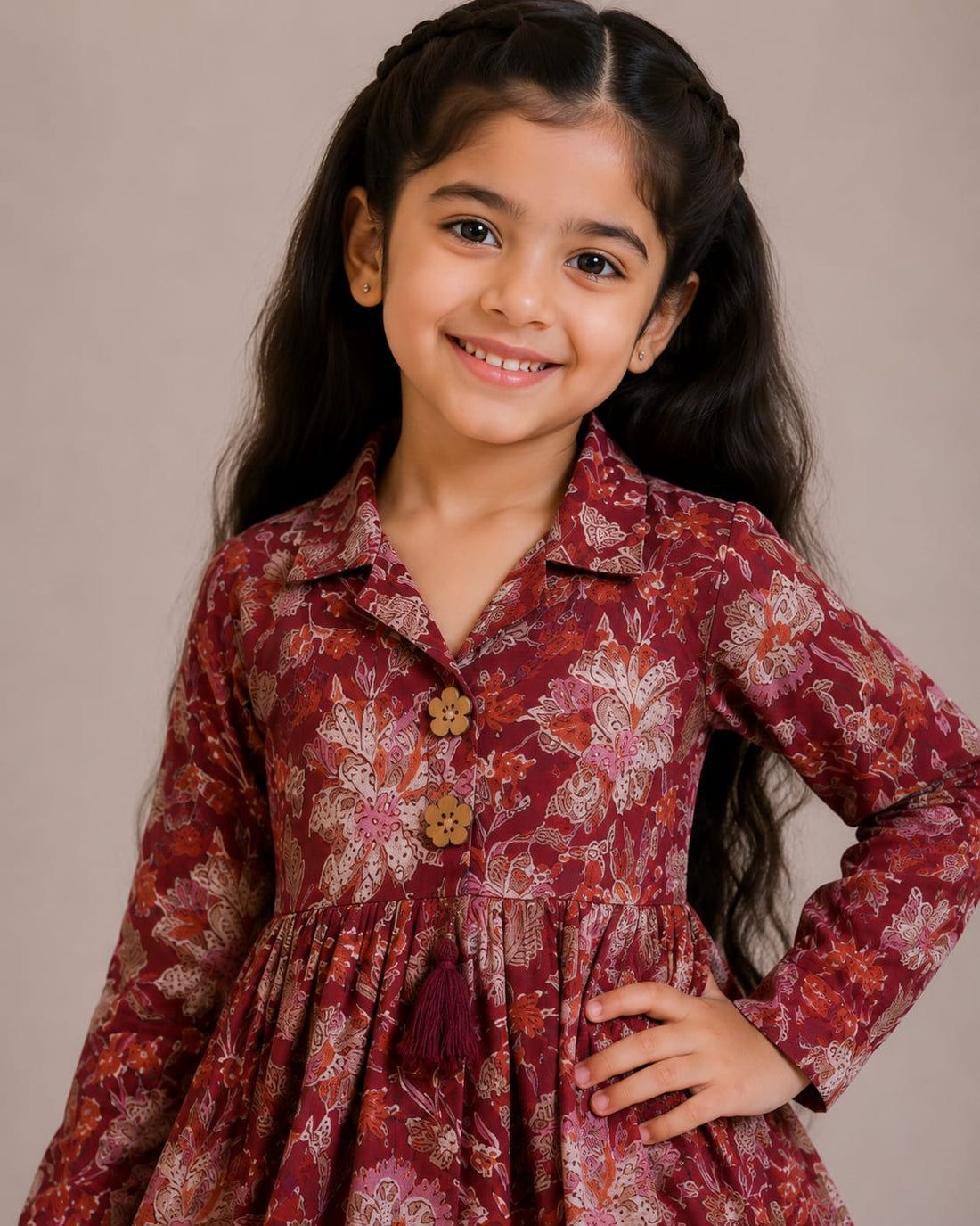 Girls' Maroon Floral Printed Cotton Kurti with Rust Brown Trouser Co-ord Set