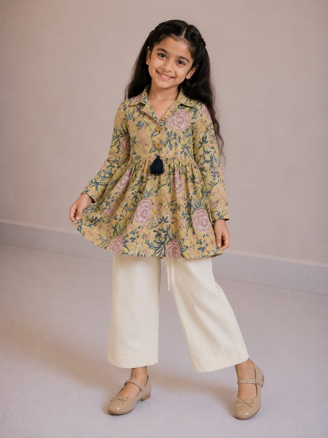 Girls' Mustard Floral Printed Cotton Kurti with Off-White Trouser Co-ord Set