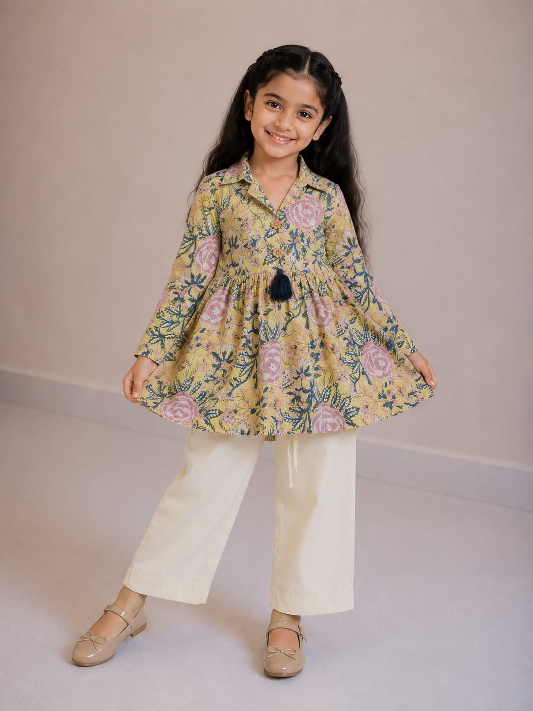 Girls' Mustard Floral Printed Cotton Kurti with Off-White Trouser Co-ord Set