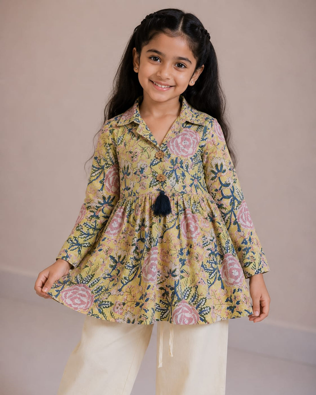 Girls' Mustard Floral Printed Cotton Kurti with Off-White Trouser Co-ord Set