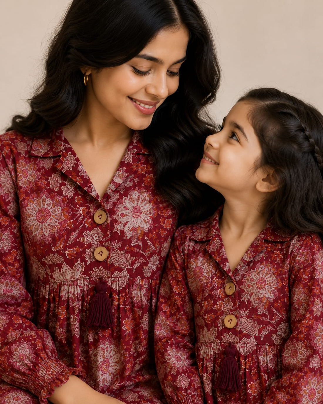 Mom & Daughter Maroon Floral Printed Cotton Top & Ivory Trouser Matching Co-ord Set