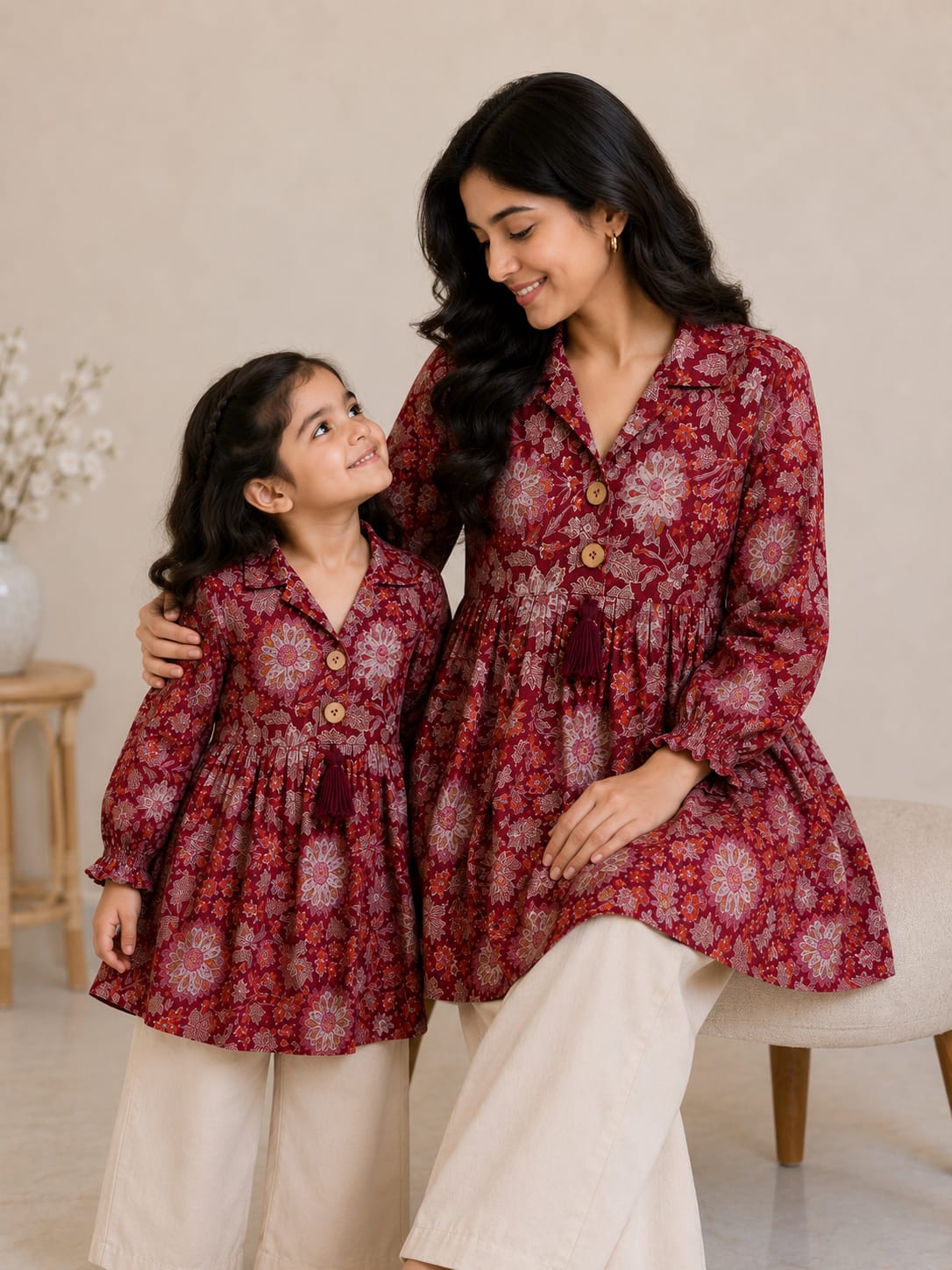 Mom & Daughter Maroon Floral Printed Cotton Top & Ivory Trouser Matching Co-ord Set