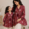 Mom & Daughter Maroon Floral Printed Cotton Top & Ivory Trouser Matching Co-ord Set