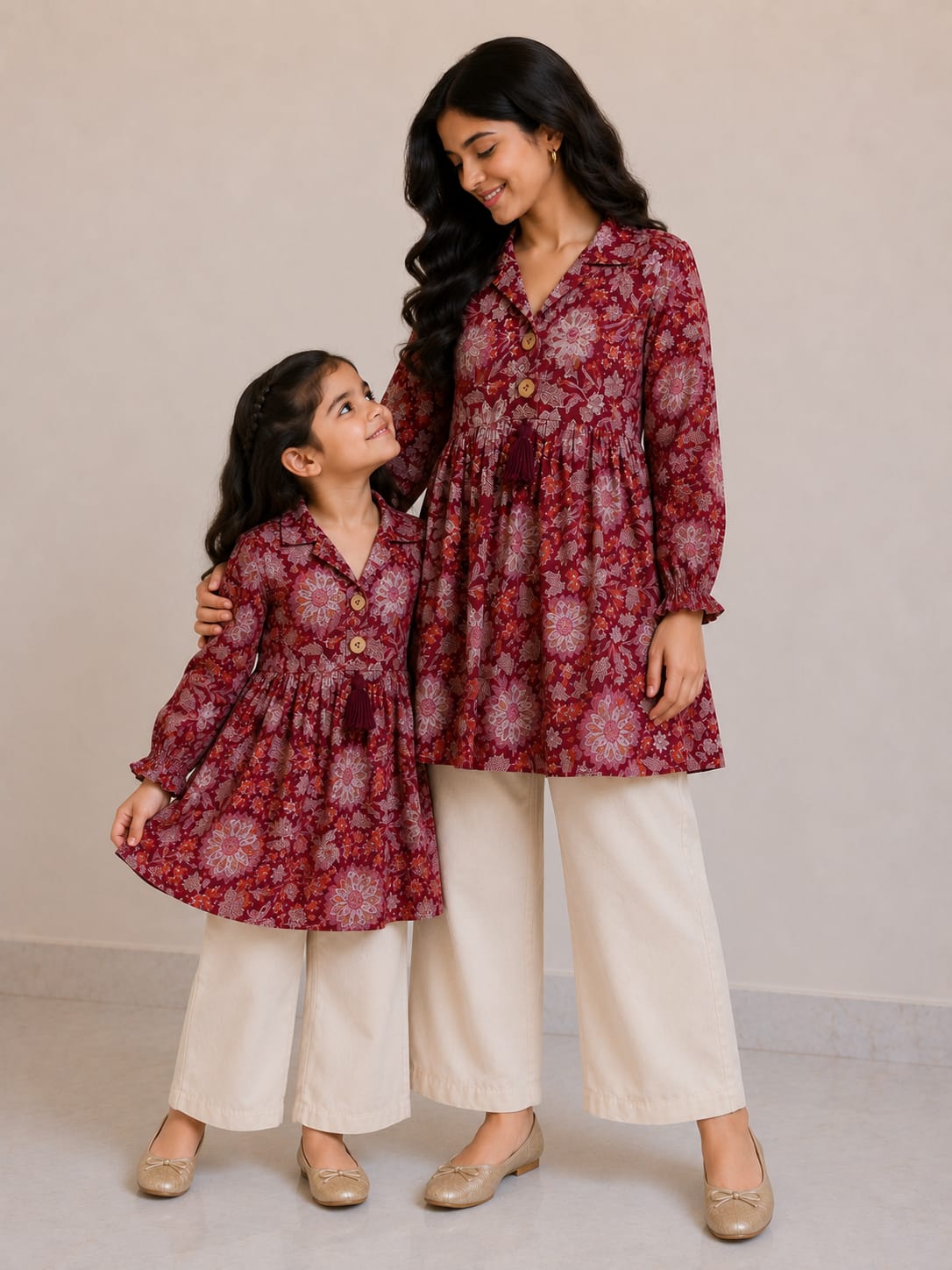 Mom & Daughter Maroon Floral Printed Cotton Top & Ivory Trouser Matching Co-ord Set