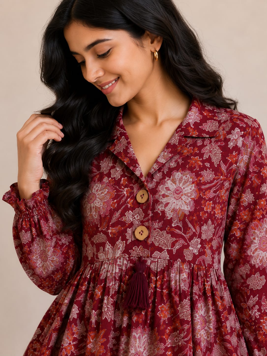 Women's Wine Red Floral Printed Cotton Top & Solid Cream Cotton Trouser Co-ord Set