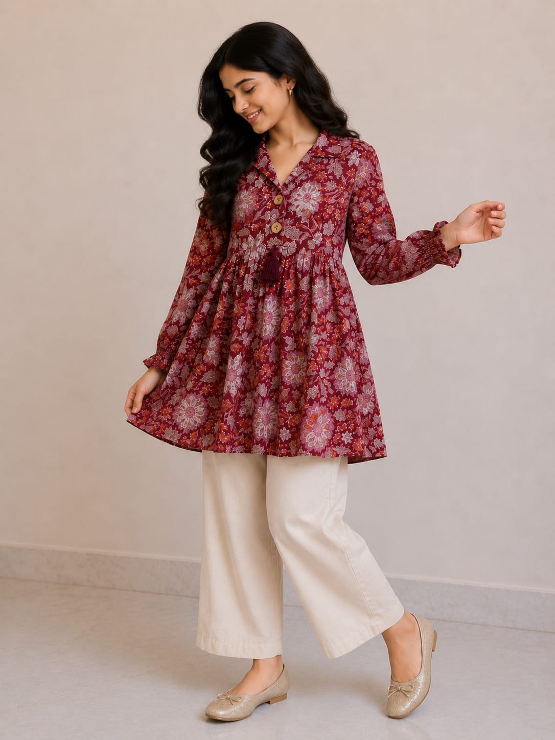 Women's Wine Red Floral Printed Cotton Top & Solid Cream Cotton Trouser Co-ord Set
