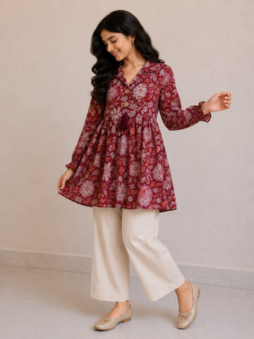Women's Wine Red Floral Printed Cotton Top & Solid Cream Cotton Trouser Co-ord Set