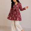 Women's Wine Red Floral Printed Cotton Top & Solid Cream Cotton Trouser Co-ord Set
