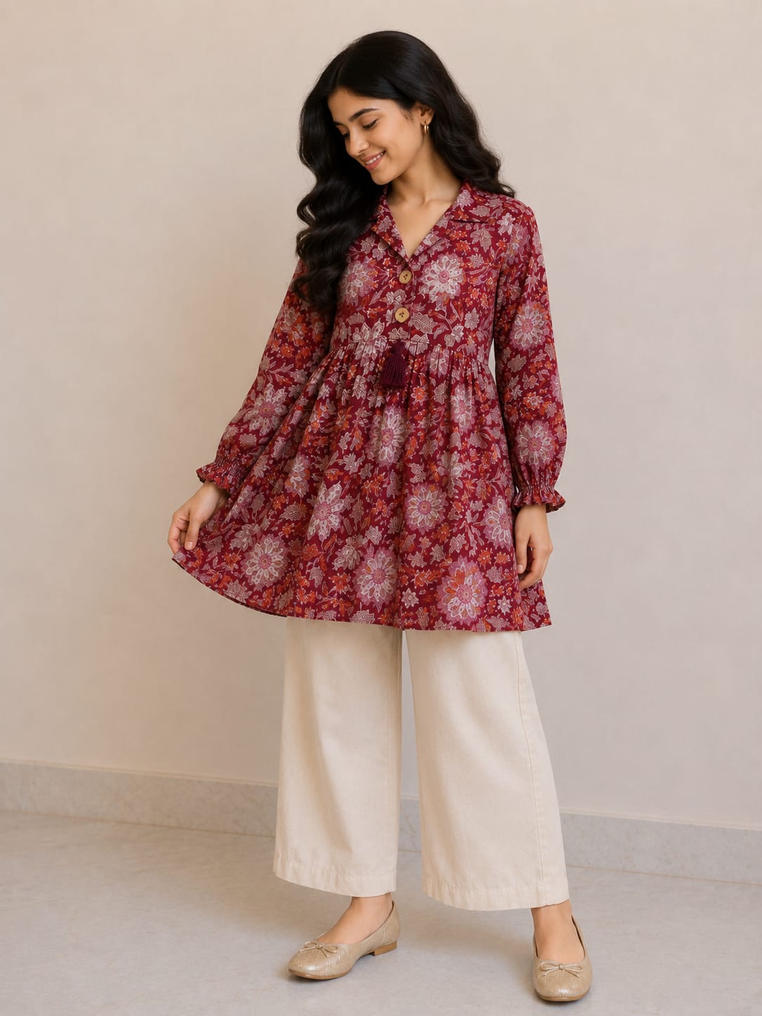 Women's Wine Red Floral Printed Cotton Top & Solid Cream Cotton Trouser Co-ord Set