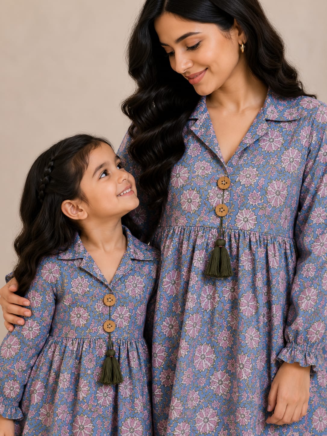 Mom & Daughter Blue Floral Printed Cotton Top & Pink Trouser Matching Co-ord Set