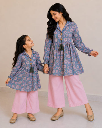 Mom & Daughter Blue Floral Printed Cotton Top & Pink Trouser Matching Co-ord Set