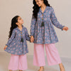 Mom & Daughter Blue Floral Printed Cotton Top & Pink Trouser Matching Co-ord Set