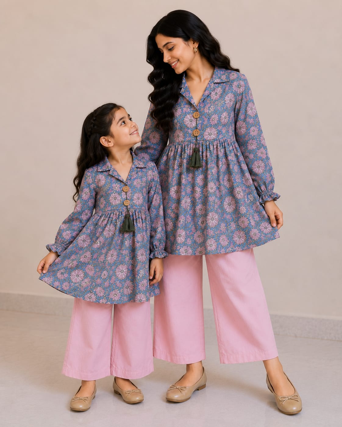 Mom & Daughter Blue Floral Printed Cotton Top & Pink Trouser Matching Co-ord Set