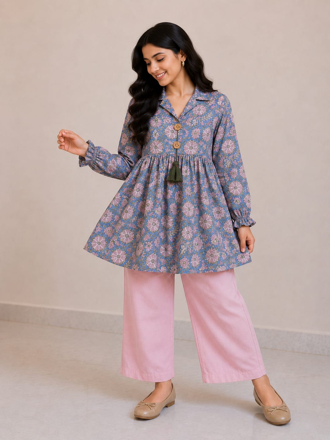 Women's Blue Floral Printed Cotton Top & Pink Cotton Trouser Co-ord Set