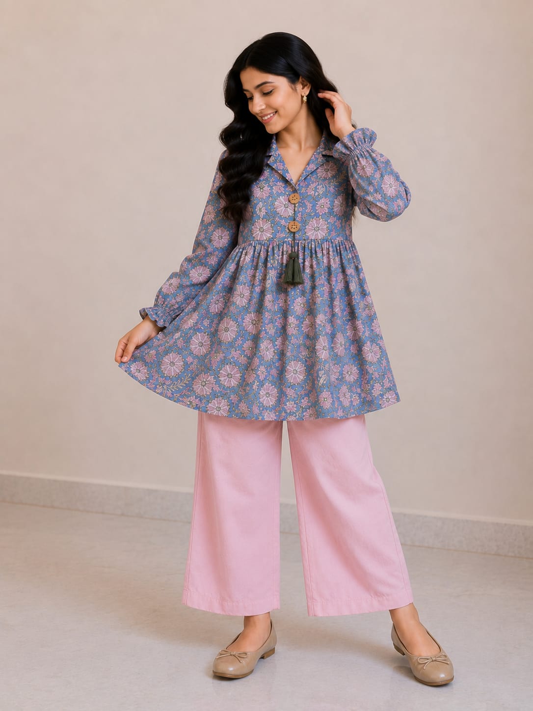 Women's Blue Floral Printed Cotton Top & Pink Cotton Trouser Co-ord Set