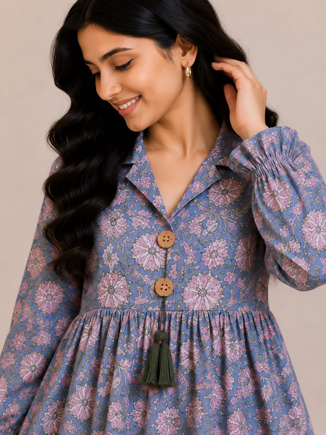 Women's Blue Floral Printed Cotton Top & Pink Cotton Trouser Co-ord Set