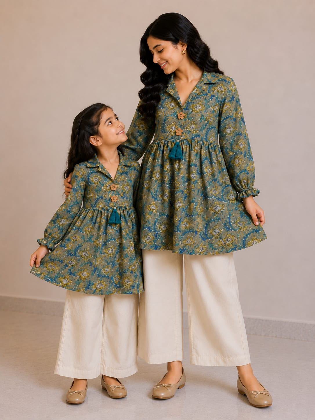 Mom & Daughter Olive Green Floral Printed Cotton Top & Ivory Trouser Matching Co-ord Set