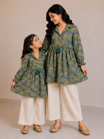 Mom & Daughter Olive Green Floral Printed Cotton Top & Ivory Trouser Matching Co-ord Set
