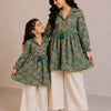 Mom & Daughter Olive Green Floral Printed Cotton Top & Ivory Trouser Matching Co-ord Set