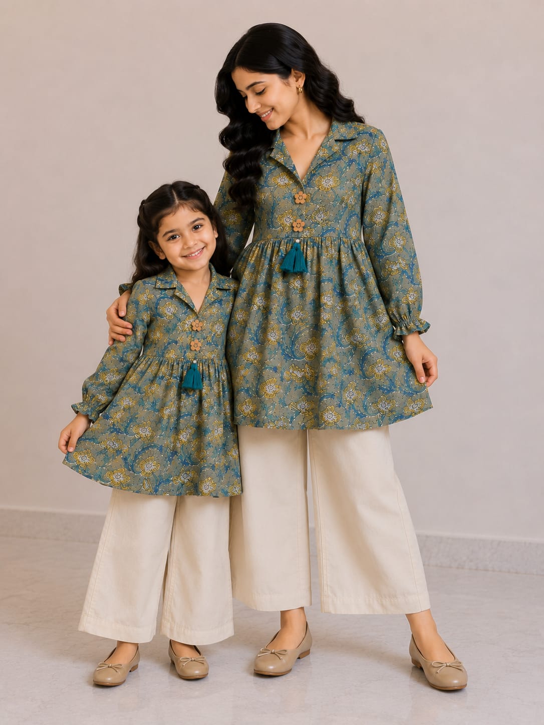 Mom & Daughter Olive Green Floral Printed Cotton Top & Ivory Trouser Matching Co-ord Set