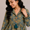 Women's Sage Green Floral Printed Cotton Top & Off-White Cotton Trouser Co-ord Set
