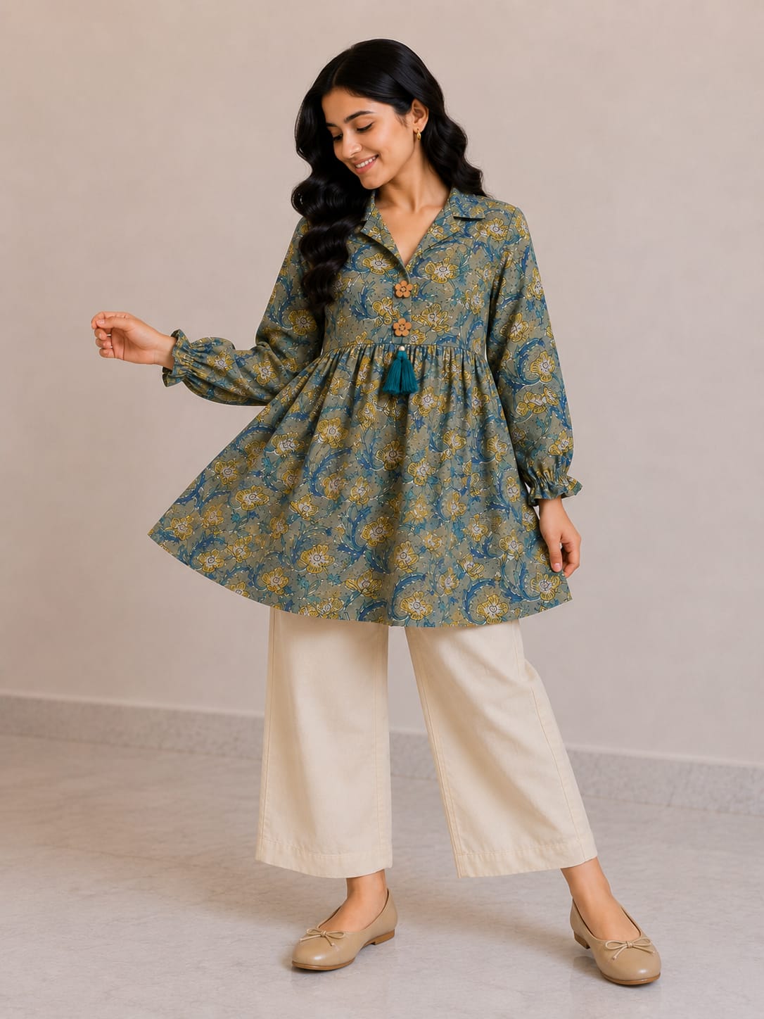 Women's Sage Green Floral Printed Cotton Top & Off-White Cotton Trouser Co-ord Set