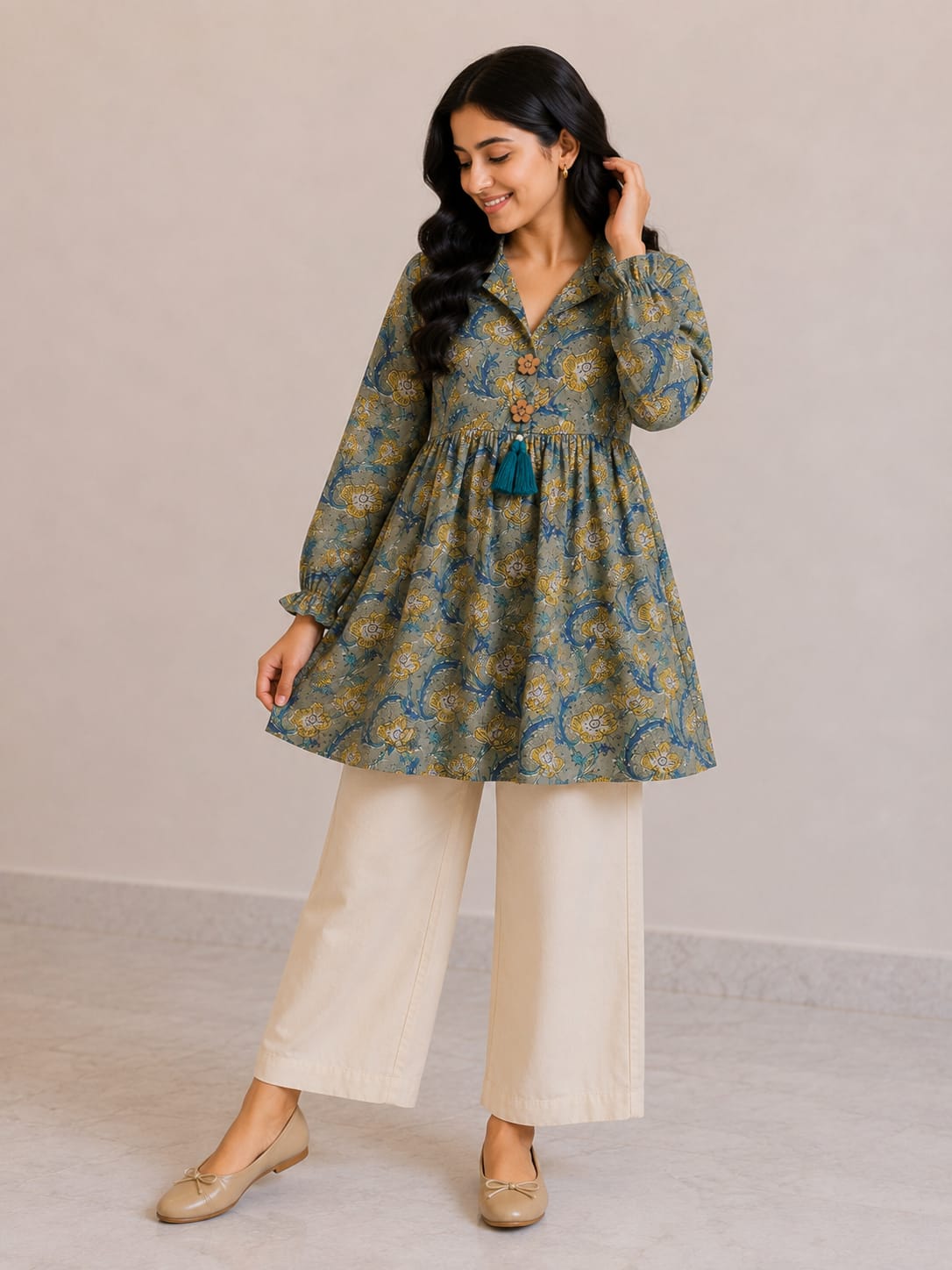 Women's Sage Green Floral Printed Cotton Top & Off-White Cotton Trouser Co-ord Set