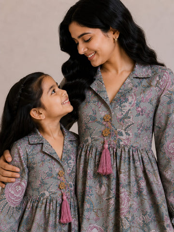 Mom & Daughter Sage Grey Floral Printed Cotton Top & Pink Trouser Matching Co-ord Set