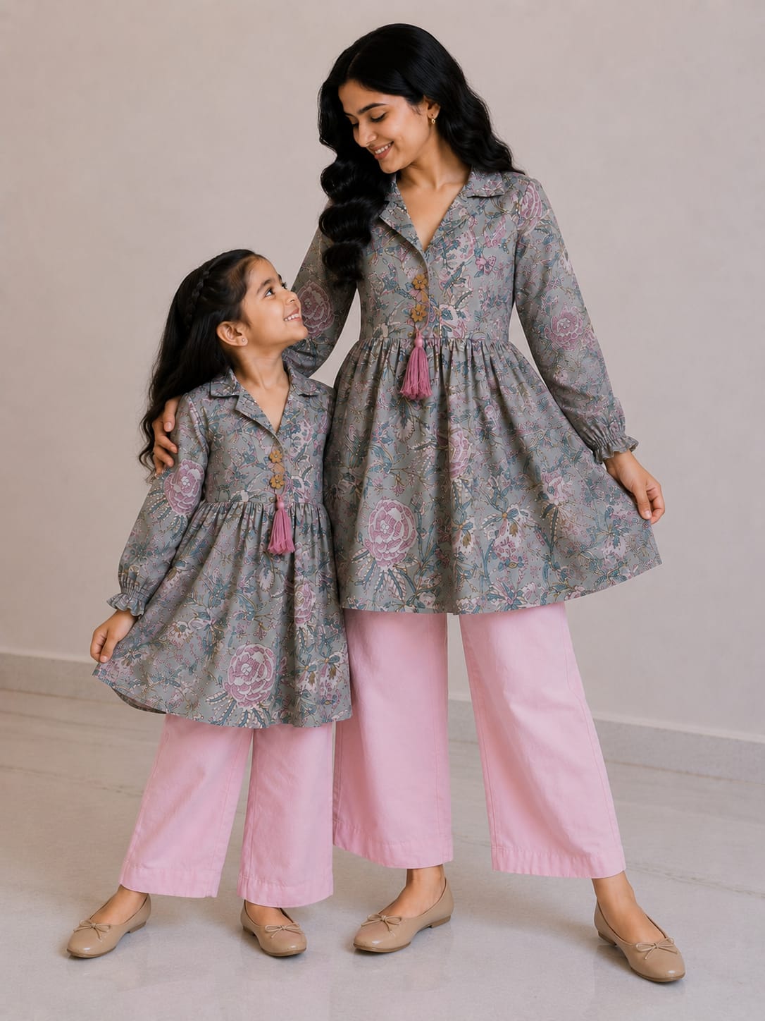 Mom & Daughter Sage Grey Floral Printed Cotton Top & Pink Trouser Matching Co-ord Set