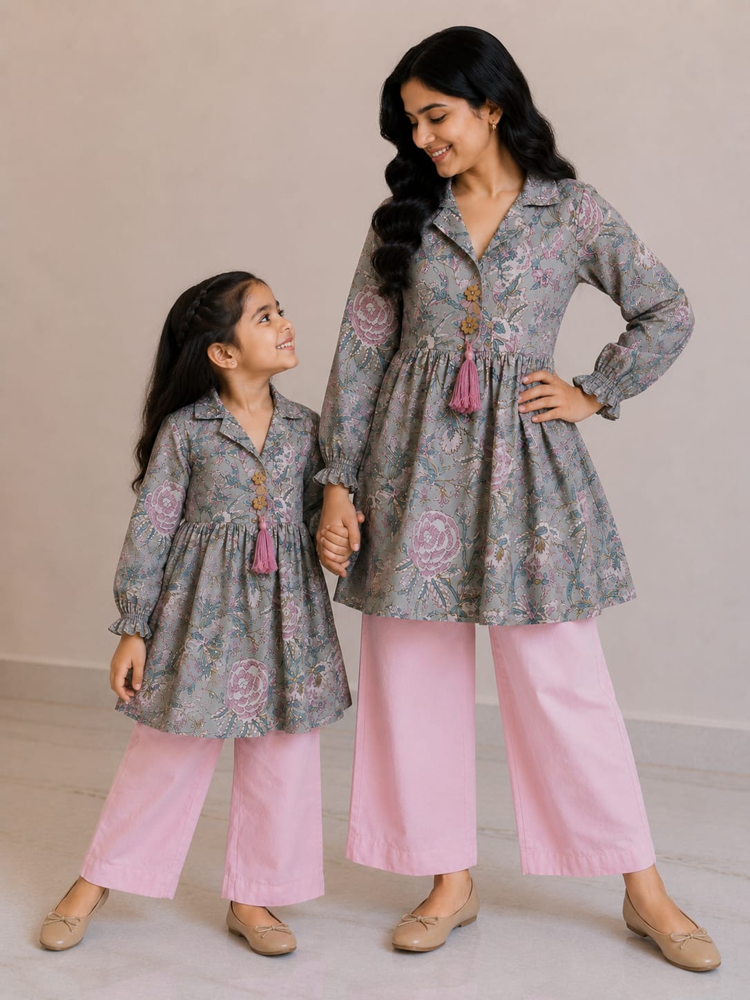 Mom & Daughter Sage Grey Floral Printed Cotton Top & Pink Trouser Matching Co-ord Set
