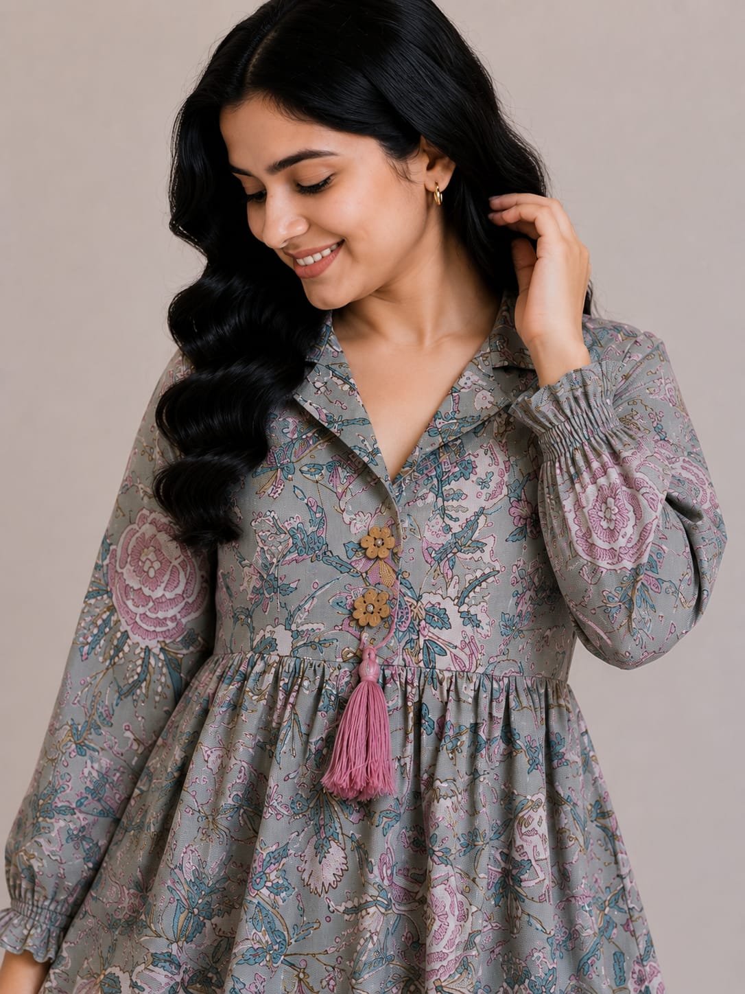 Women's Mist Grey Floral Printed Cotton Top & Pink Cotton Trouser Co-ord Set