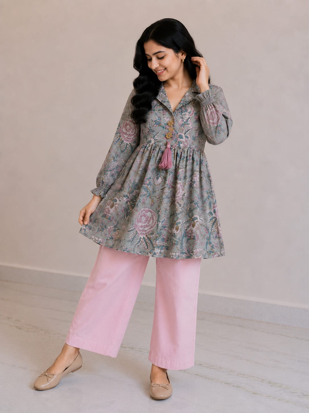 Women's Mist Grey Floral Printed Cotton Top & Pink Cotton Trouser Co-ord Set