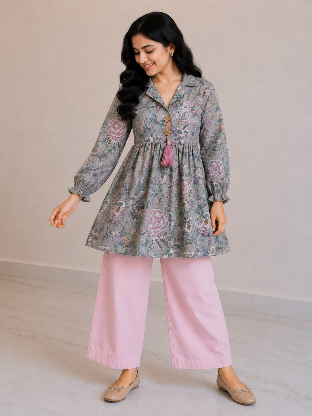Women's Mist Grey Floral Printed Cotton Top & Pink Cotton Trouser Co-ord Set