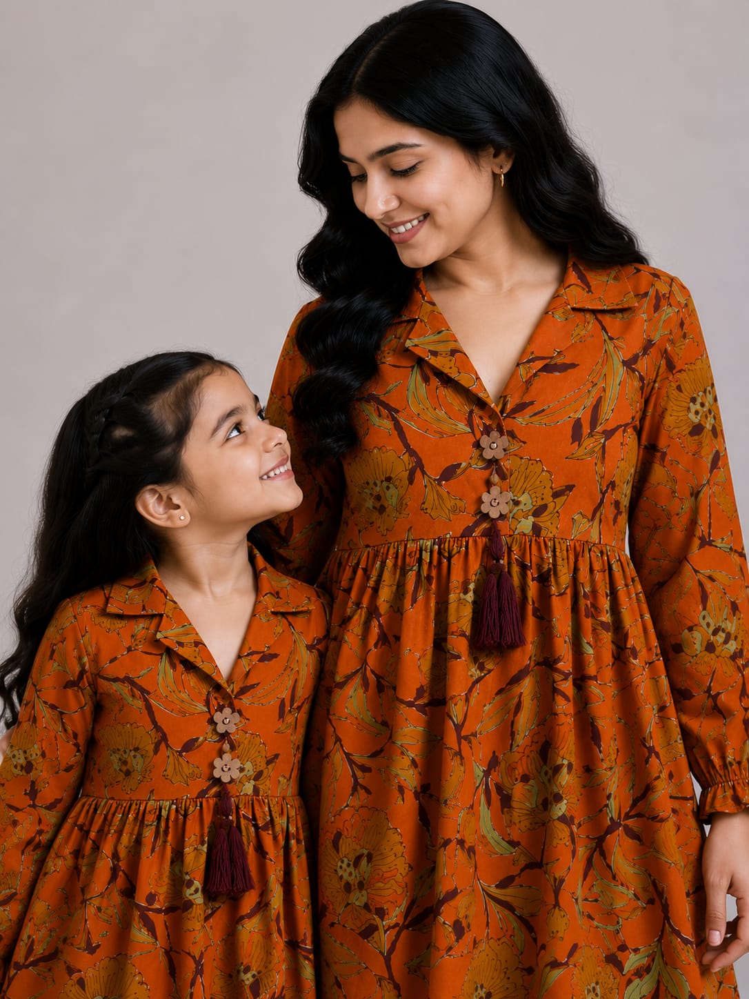 Mom & Daughter Rust Orange Floral Printed Cotton Top & Ivory Trouser Matching Co-ord Set