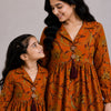 Mom & Daughter Rust Orange Floral Printed Cotton Top & Ivory Trouser Matching Co-ord Set