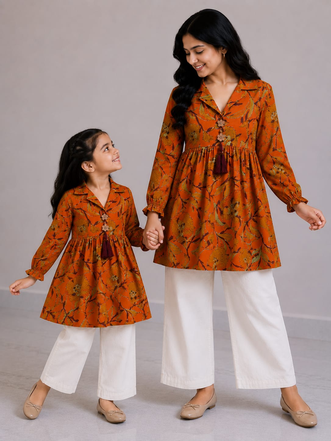 Mom & Daughter Rust Orange Floral Printed Cotton Top & Ivory Trouser Matching Co-ord Set