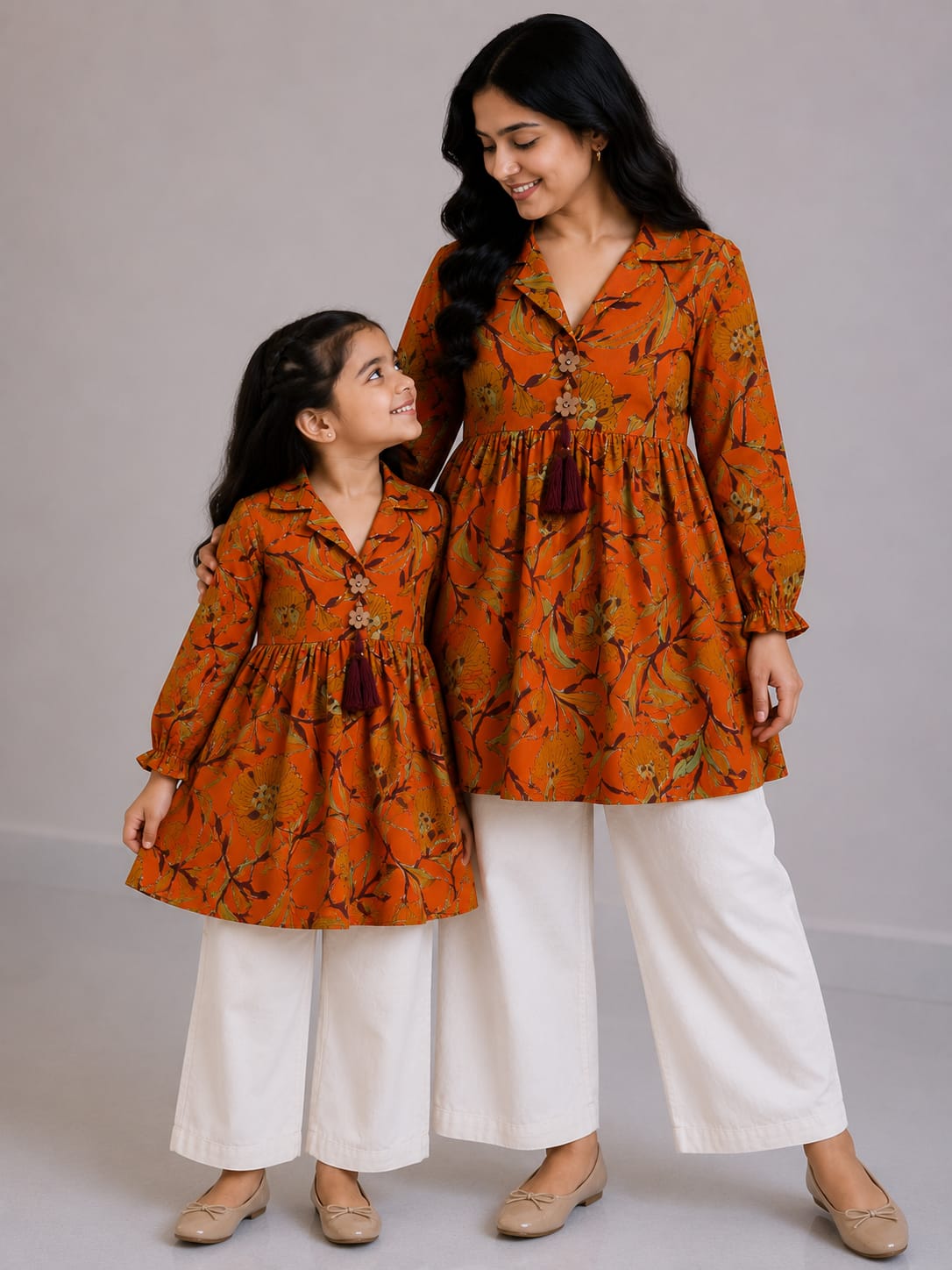 Mom & Daughter Rust Orange Floral Printed Cotton Top & Ivory Trouser Matching Co-ord Set