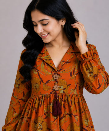 Women's Rust Orange Floral Printed Cotton Top & Ivory Cotton Trouser Co-ord Set