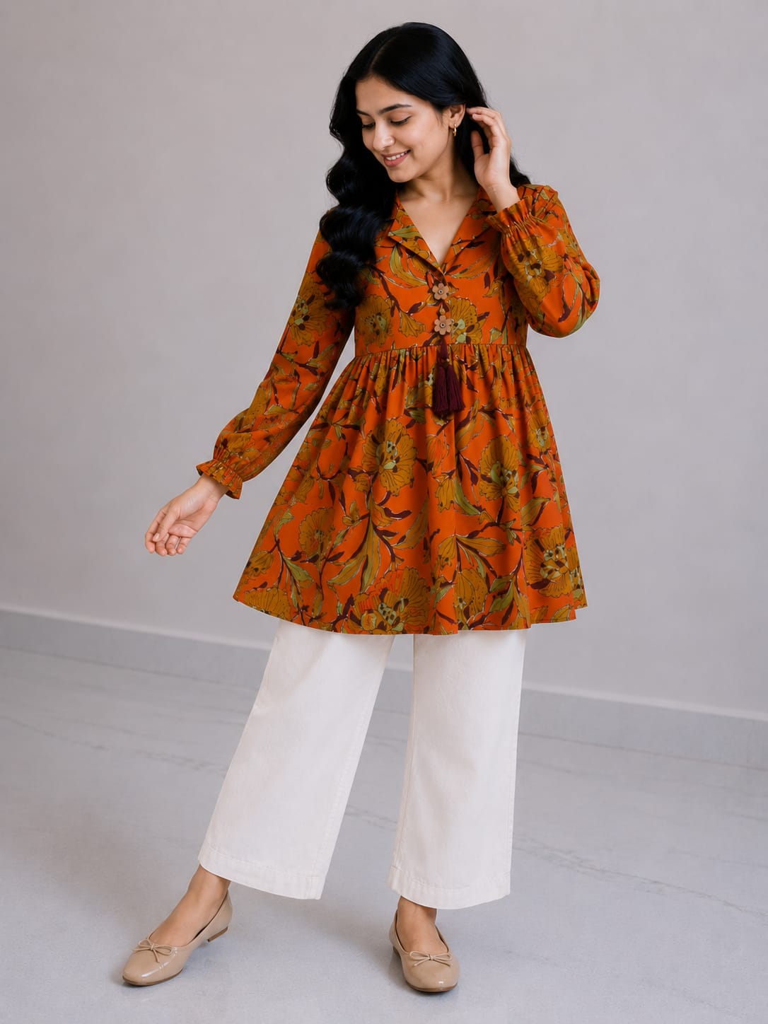 Women's Rust Orange Floral Printed Cotton Top & Ivory Cotton Trouser Co-ord Set