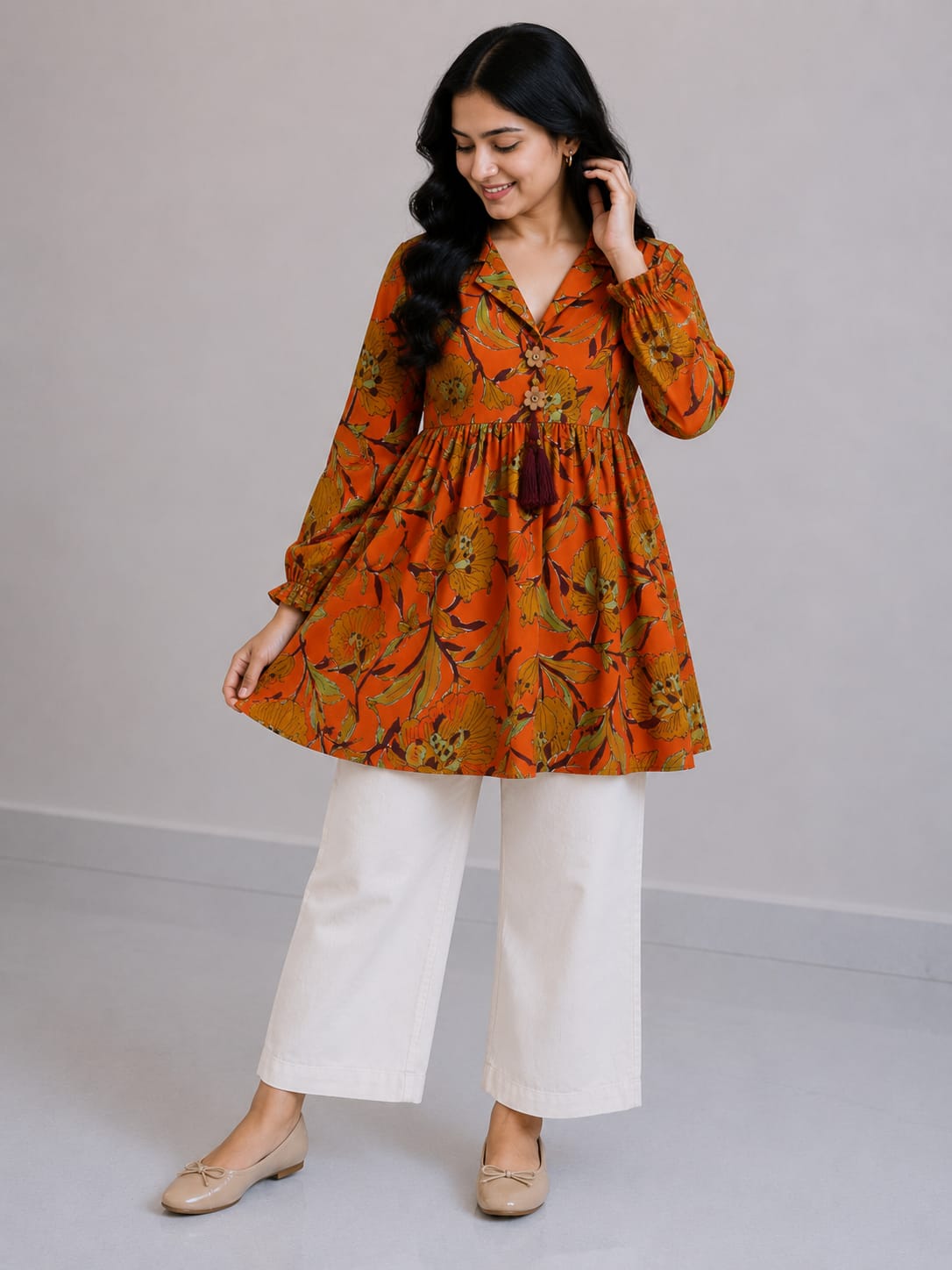 Women's Rust Orange Floral Printed Cotton Top & Ivory Cotton Trouser Co-ord Set