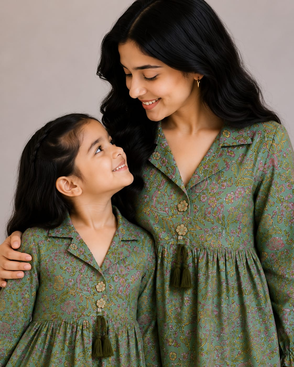 Mom & Daughter Sage Green Floral Printed Cotton Top & Ivory Trouser Matching Co-ord Set