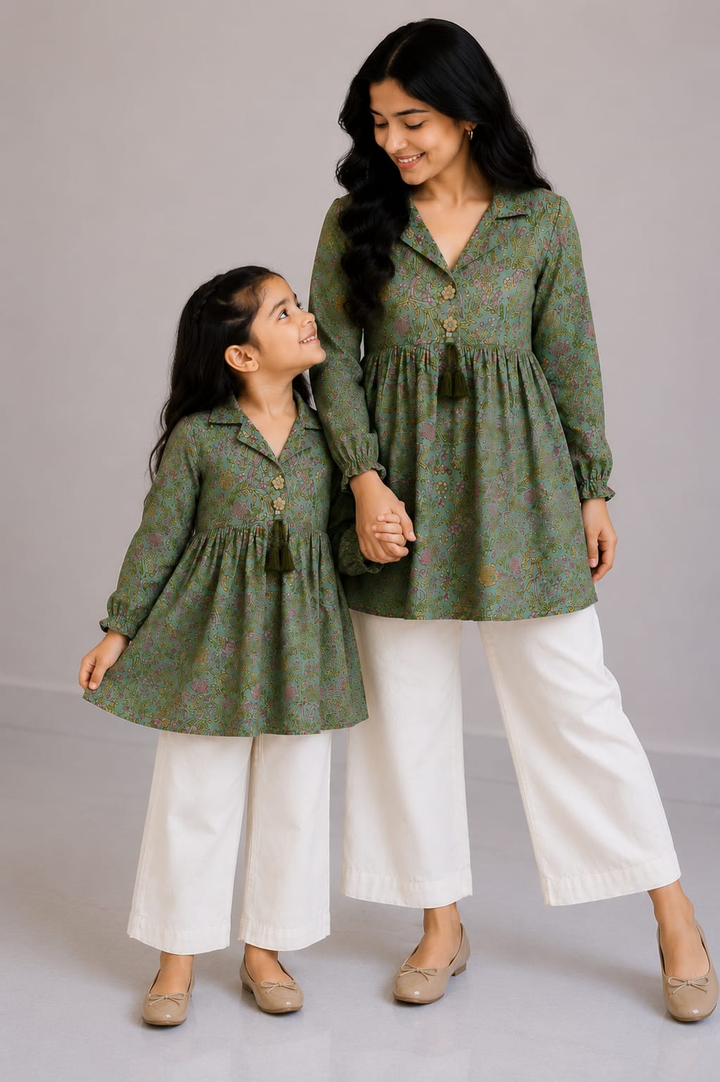 Mom & Daughter Sage Green Floral Printed Cotton Top & Ivory Trouser Matching Co-ord Set